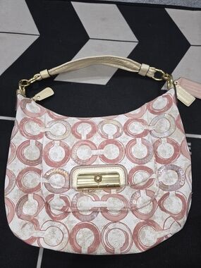 Vintage Y2K Coach Pink Signature Canvas Hobo Bag with Gold Hardware
